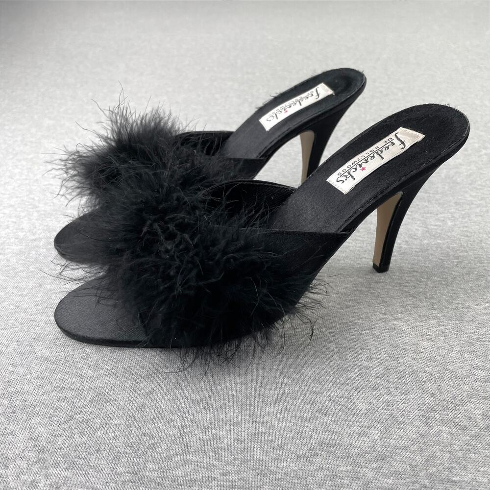 VTG Fredericks Of Hollywood Black Satin & Marabou Feather Heels Mules Womens 9